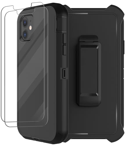 for iPhone 12 Case, iPhone 12 Pro Case with Belt Clip Holster, 2X Screen Protector, Heavy Duty Military Grade Full Body Shockproof Rugged Protective Cover for iPhone 12/12 Pro Black - color: Black
