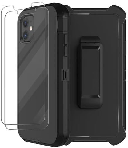 for iPhone 12 Case, iPhone 12 Pro Case with Belt Clip Holster, 2X Screen Protector, Heavy Duty Military Grade Full Body Shockproof Rugged Protective Cover for iPhone 12/12 Pro Black - color: Black