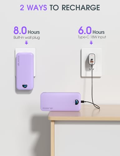 citicr Portable Charger 20000mAh PD20W w/Built-in Cables & Wall Plug Purple - color: Violet