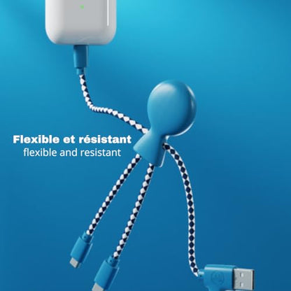 Xoopar Multi USB Cable 4 in 1 - Universal Charger Made from Recycled Plastic - USB, USB-C, Lighting, Micro USB Ports - Compatible with All Smartphones Mr Bio Blue Octopus - color: Blue