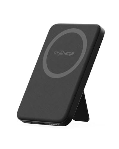 myCharge CliqLuxe Magnetic Wireless Power Bank 5,000mAh | iPhone & MagSafe Compatible | Qi2.2 25W Mag Safe Portable Charger | Built-in Stand | 20W PD USB-C Port | Premium Black Fabric - size: 5K, style: Without Wall Plug (Black)