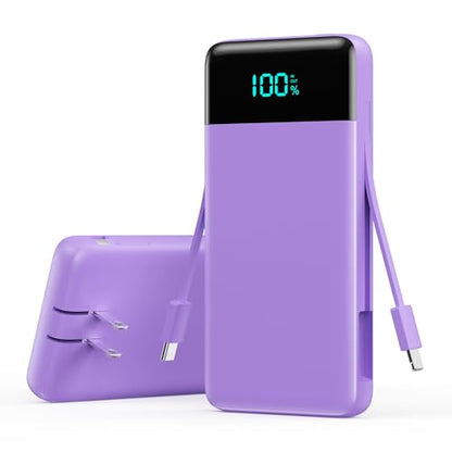 Portable Charger with Built-in AC Plug and Cables,13800mAh All in One USB C Fast Charging Power Bank,Travel Essentials Portable Phone Charger Battery Pack for iPhone 17/16/15/13,Galaxy,Android-Purple - color: Purple