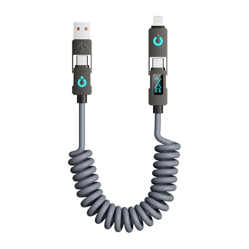 4 in 1 USB C Cable with LED Display, 240W Fast Charging Retractable Spring Data Cable Up to 6.6 Feet, Support CarPlay, iPhone/iPad/Samsung/Laptop (Gray)