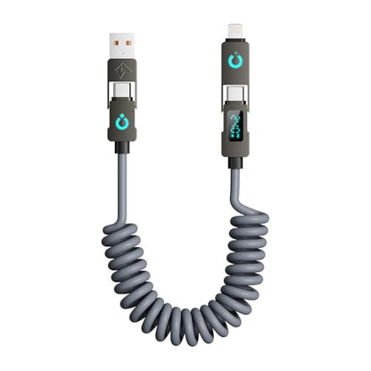 4 in 1 USB C Cable with LED Display, 240W Fast Charging Retractable Spring Data Cable Up to 6.6 Feet, Support CarPlay, iPhone/iPad/Samsung/Laptop (Gray)