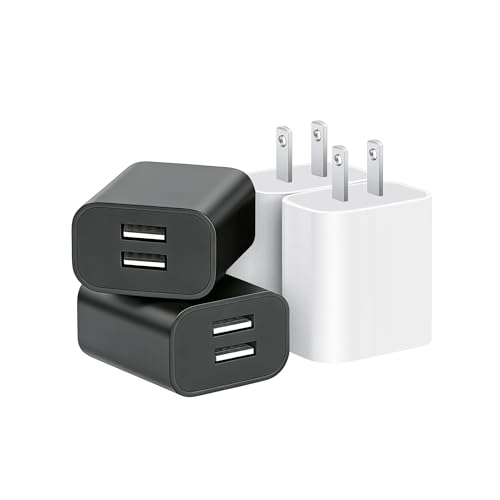 USB Wall Charger,4 Pack Dual Port Plug Adapter,Wall Outlet Charging Block - color: white and black