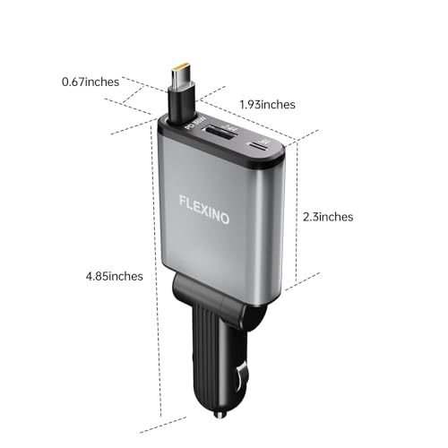 Flexino 【Ultra-Slim】 Retractable Car Charger for iPhone 17, Fast Charging Car Chargers, USB C Car Charger, Cigarette Lighter Adapter for iPhone 17/16/15/14/13/12 Series, Galaxy, Gray, 1 Pack