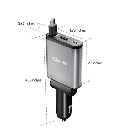 Flexino 【Ultra-Slim】 Retractable Car Charger for iPhone 17, Fast Charging Car Chargers, USB C Car Charger, Cigarette Lighter Adapter for iPhone 17/16/15/14/13/12 Series, Galaxy, Gray, 1 Pack
