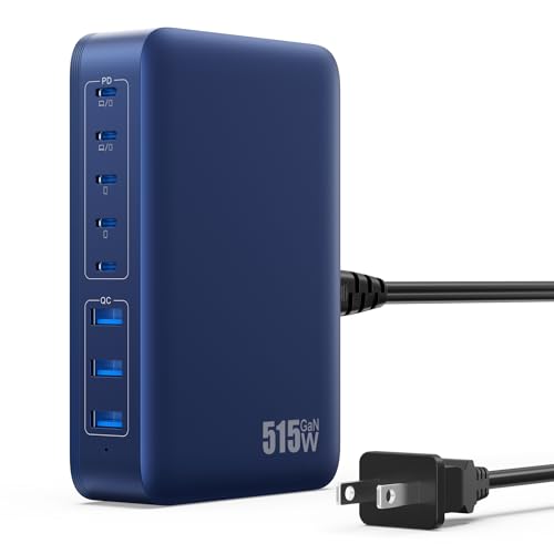 USB C Charger Block 515W[2025 Upgraded] GaN IV 8 Port Fast Charging Station Hub,Dual PD 100W USB C Laptop Charger Compatible with MacBook Pro/Air,iPad,iPhone 16/15,Galaxy S23/S24 Steam Deck Dell XPS - color: Deep Blue, size: 515W
