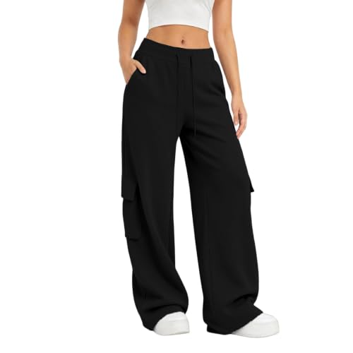 Cargo Sweatpants For Women Baggy Drawstring Waist Hiking Pants Lightweight Y2k Stretch Athletic Joggers With Pockets - color: Black, size: XX-Large
