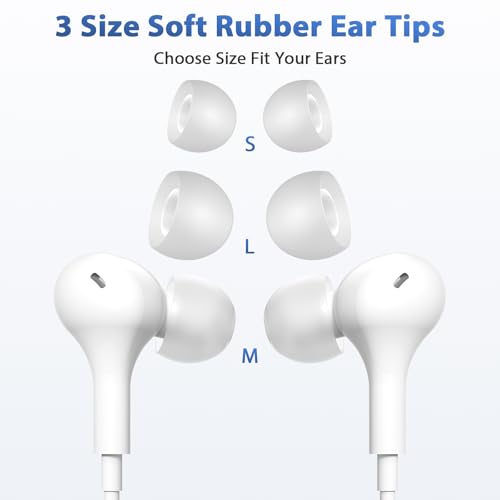 USB C Headphones with Case & Mic Wired Earbuds 90° Angled for Apple Android - color: White