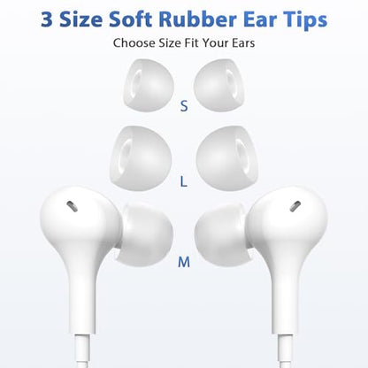 USB C Headphones with Case & Mic Wired Earbuds 90° Angled for Apple Android - color: White