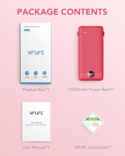Portable Charger Built-in Cables and AC Wall Plug, VRURC USB C Power Bank 10000mAh, Travel Battery Portable Phone Charger Compact Lightweight External Battery Pack for SmartPhones,Tablets-Viva Magenta - color: Viva Magenta