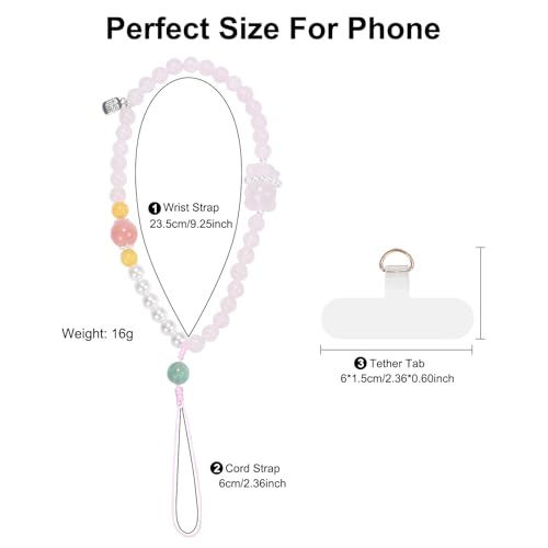TEAMOLA Natural Stone Phone Charm - Crystal Phone Beaded Wrist Strap - color: Pink-Charm