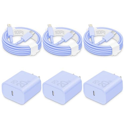 CXX 20W Fast Charger for iPhone 14/13/12 [3-Pack, MFi Certified] - color: Purple, size: 10FT