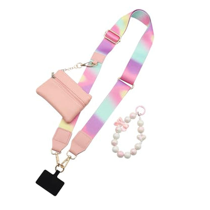 Phone Strap with Zippered Pouch, Clip and Go Strap for Phone with Wallet Crossbody, Adjustable Crossbody Phone Strap-1 - color: Pink Gradient