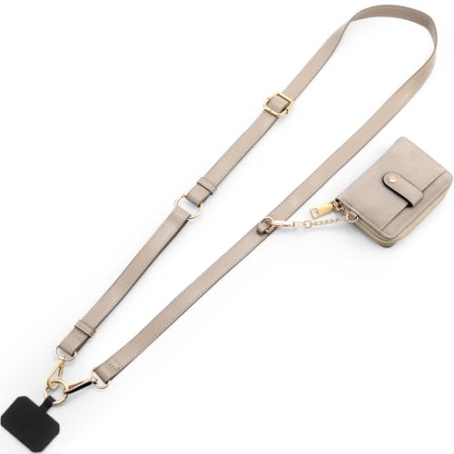 Diaclara Clip and Go Leather Phone Strap with Zipper Pouch- Stylish Crossbody Adjustable Lanyard with Wallet for All Phones, Gray - color: Leather Gray