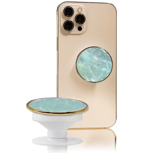 Grips by CRYSTALFY Sea Foam Green Authentic Natural Abalone Seashell Crystal Phone Grip Holder, Expanding Kickstand, Natural Gemstone Swappable Top Accessory for iPhone, iPad, Kindle, Mobile Devices - color: Sea foam Green