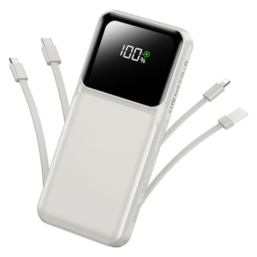 RONEGN Portable Charger with Built in Cable - Power Bank Fast Charging 22.5W USB C 10000mAh LED Display Travel Battery Pack 5 Outputs & 3 Inputs for iPhone Samsung Android iPad Phones Tablets etc - color: Grey