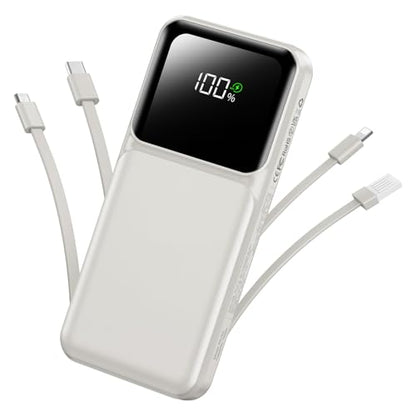 RONEGN Portable Charger with Built in Cable - Power Bank Fast Charging 22.5W USB C 10000mAh LED Display Travel Battery Pack 5 Outputs & 3 Inputs for iPhone Samsung Android iPad Phones Tablets etc - color: Grey
