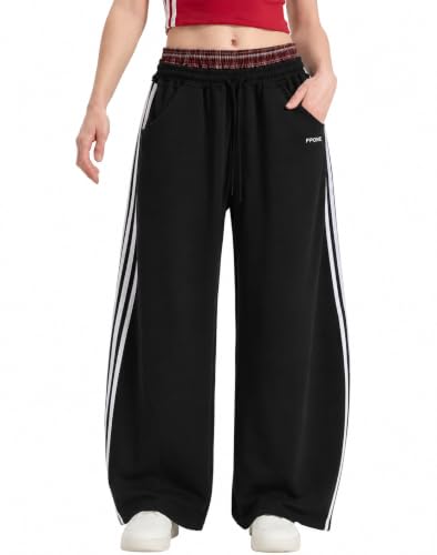 Women's Baggy Barrel Sweatpants, Double Waist Striped Wide Leg Pants - color: Black, size: Large
