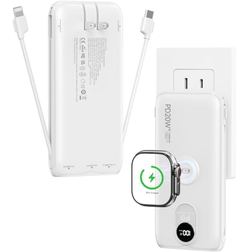 Portable Charger 10000mAh 20W, Wall Plug, 2 Cables, iWatch Charging - color: Auroral White