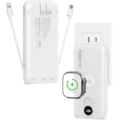 Portable Charger 10000mAh 20W, Wall Plug, 2 Cables, iWatch Charging - color: Auroral White