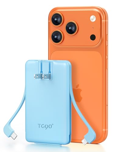 TG90° 5000mah Ultra Slim Power Bank Built-in AC Plug & 2 Cables,Blue - color: Blue
