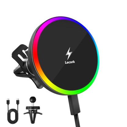 Lecork for Magsafe Car Mount, 15W Magnetic Wireless Charger for iPhone, Magsafe Air Vent Car Holder Charger for iPhone 16 Pro Max/16/15/14 13 12, Samsung S25/S25+/Ultra, RGB LED Design