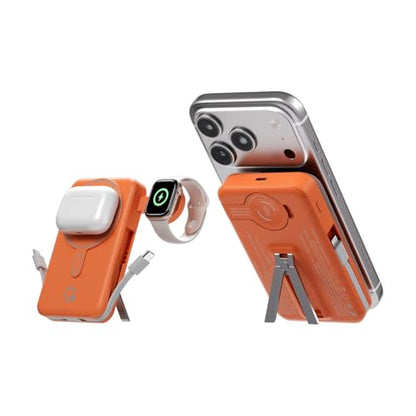 Q Magnetic Wireless Portable Charger 10,000mAh, Travel Essentials Power Bank with Built-in Cables & Foldable Stand, External Battery Pack Compatible with iPhone 17/16/15/14/13/12, Apple Watch - color: Orange