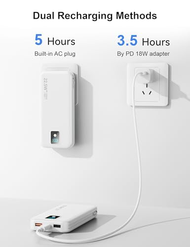 Portable Charger 12000mAh 22.5W w/Built-in Cable & Wall Plug White - color: White