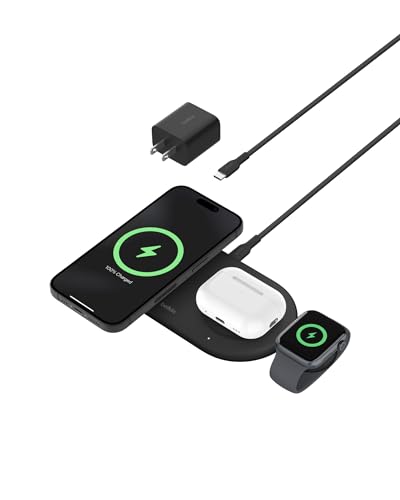 Belkin Qi2 15W Magnetic Wireless Charging Pad, 3 in 1 Fast Charger - color: Black, style: 3 in 1