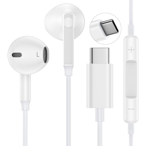 USB C Headphones Wired USB C Earbuds Ear Plugs for iPhone 17E/17 Pro Max/17 Air/16e/16 Pro Max/16 Plus, Samsung Galaxy A16/S25FE/S25 Ultra/S24 Ultra/S23/S22, Type C Wired Earbuds Earphones HiFi Stereo - color: White