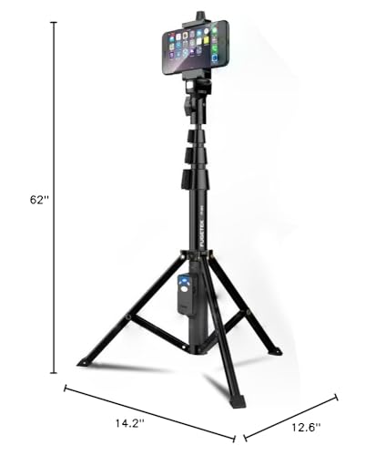 Fugetek 62" Professional Selfie Stick Tripod, 100% All Aluminum Stick & Legs, Lightweight, Detachable Bluetooth Remote, Portable All in One, Compatible with iPhone & Android, Non Skid Feet, Black - style: Tripod