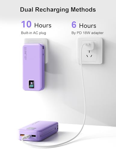 Portable Charger 20000mAh 22.5W w/Built-in Cable & Wall Plug Purple - color: Violet