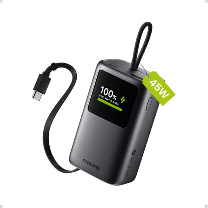 sharge 45W Power Bank 10000mAh with Built-in Retractable Cable