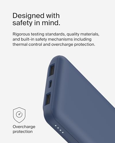 Belkin 10000mAh 15W 3 Port Power Bank, USB A to USB C Cable Included | Fast Charging, iPhone 17, Samsung Galaxy, Pixel, Airpods, iPad, Nintendo Switch 2, Battery Pack, USB C Port, USB A Port - color: Blue