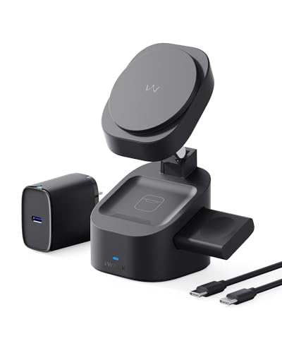 iWALK 3-in-1 Magnetic Wireless Charging Stand, 15W Foldable Charger Station for iPhone 16/15/14/13/12, Apple Watch & AirPods, Adjustable Dock with 20W USB-C Adapter - color: black