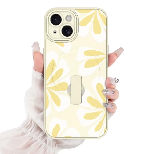 for iPhone 15 Case White Yellow Cute Petals Floral Pattern | [Compatible with Magsafe] with Finger Hand Strap Kickstand Case for Girls Women Shock Scratch Protection Phone case - color: White Yellow / Floral Petal, size: iPhone 15