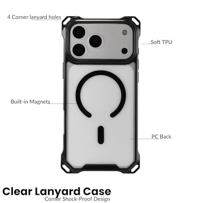 Magnetic for iPhone 17 Pro Crossbody Phone Case,Semi-Black,Clear Magnetic Soft Frame PC Back Shockproof Protective Phone Cover with Adjustable Detachable Lanyard,Compatible with MagSafe - color: Semi-Black, size: iPhone 17 Pro