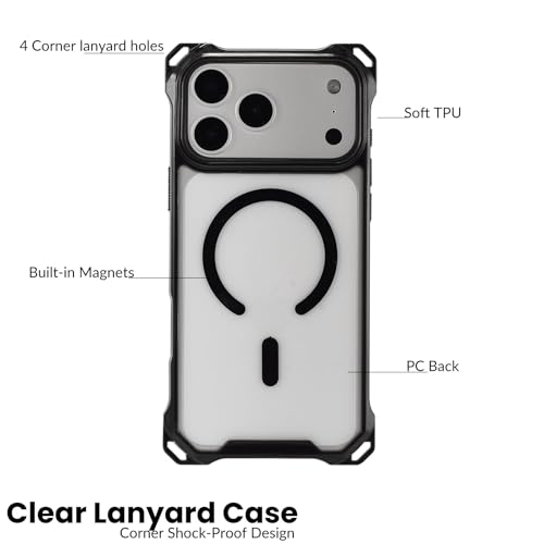 Magnetic for iPhone 17 Pro Max Crossbody Phone Case,Semi-Black,Clear Magnetic Soft Frame PC Back Shockproof Protective Phone Cover with Adjustable Detachable Lanyard,Compatible with MagSafe - color: Semi-Black, size: iPhone 17 Pro Max