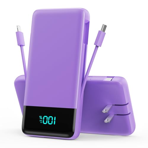 Portable Charger Power Bank for iPhone with Built-in Cables and AC Wall Plug, 13800mAh Ultra Slim Travel Essentials,USB C Fast Charging External Battery Pack for iPhone 17/16/13,Galaxy,Android-Purple - color: Purple