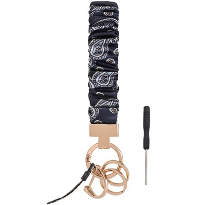 Blue Floral Scrunchie Wristlet Keychain– Tarnish-Resistant Key Ring - color: Navy Blue