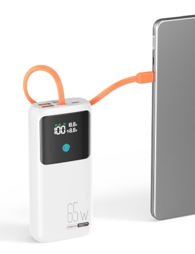 Portable Laptop Charger 24000mAh 65W w/USB C Built-in Cable White - color: White