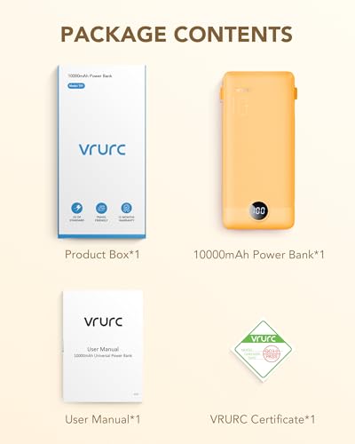 VRURC Portable Charger, Power Bank Built-in Cables and AC Wall Plug - color: Orange