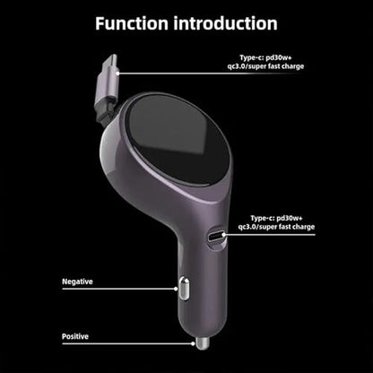 60W Retractable USB-C Car Charger – Dual Port Fast Charging Adapter – Compact, Travel-Ready – Works with iPhone 15, Samsung, iPad, MacBook, Trucks & Cars