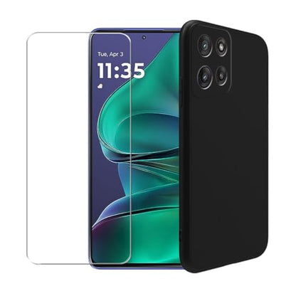 Case for Motorola Edge 60 Stylus + Glass Screen Protector Tempered Film - Transparent Silicone Soft Flexible Bumper Shockproof TPU Protective Cover Shell (Black)