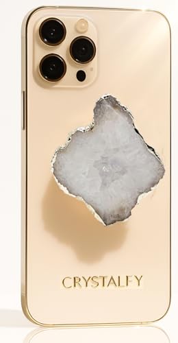 Grips by CRYSTALFY Clear Quartz Druzy Raw with Openings Crystal Phone Grip Holder & Expanding Kickstand - Natural Gemstone Swappable Top Accessory for iPhone, iPad, Kindle & Mobile Devices
