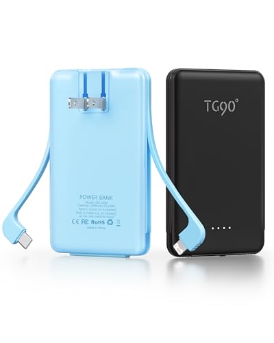 TG90° 5000mah Slim Power Bank Built-in Plug & Cables,2 Pack Black & Blue - color: 2Pack-Black&Blue