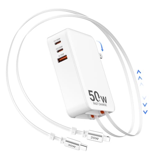 50W Retractable Wall Charger with Dual Cables, Retractable Phone Charger - size: Lightening+Type-C Cables