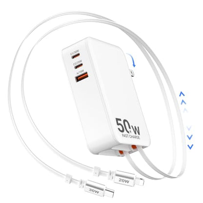50W Retractable Wall Charger with Dual Cables, Retractable Phone Charger - size: Lightening+Type-C Cables